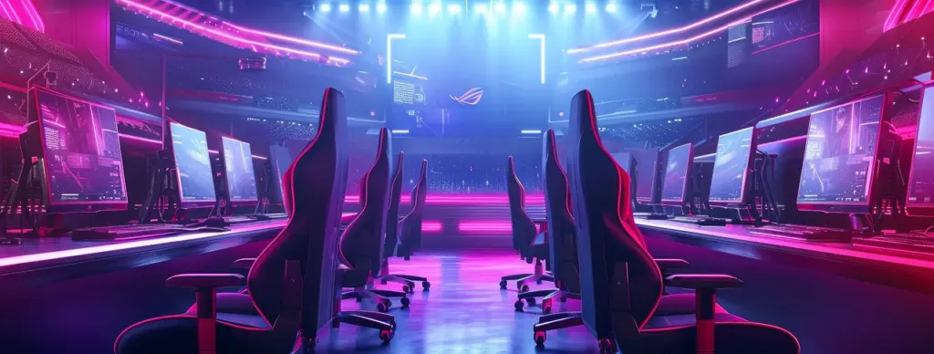 Een futuristische speelzaal met rijen professionele computers en stoelen, badend in felroze en blauw neonlicht.